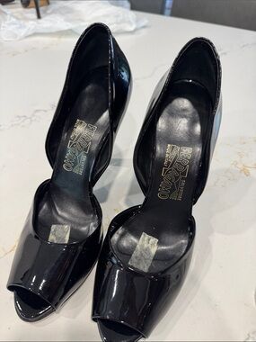 Salvatore Ferragamo Black Patent Peep-Toe Heels